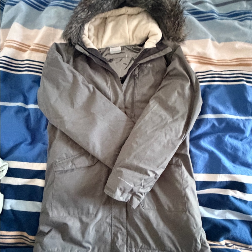 Kids Gray Puffer Jacket with Faux Fur Hood